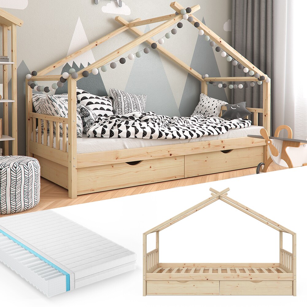 VitaliSpa Kinderbett Hausbett Kinderhaus Design Natur Lattenrost 90×200 Matratze | 04066731043798