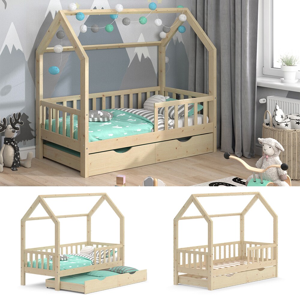 VitaliSpa Kinderbett Hausbett G&auml;stebett Wiki Natur 80x160cm Schublade Matratzen - Bild 1