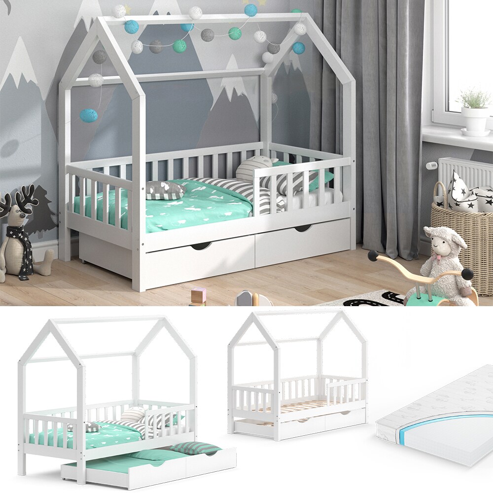 VitaliSpa Kinderbett Hausbett G&auml;stebett Wiki Wei&szlig; 80x160cm Schublade Matratze - Bild 1