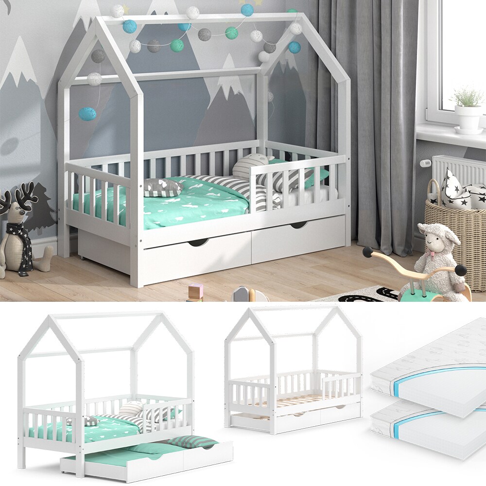 VitaliSpa Kinderbett Hausbett Gästebett Wiki Weiß 80x160cm Schublade Matratzen | 04066731043873