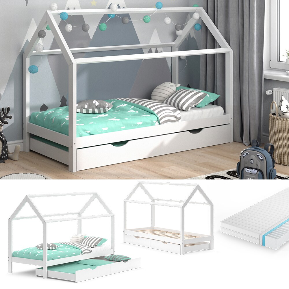 VitaliSpa Kinderbett Hausbett G&auml;stebett Wiki Wei&szlig; 90x200cm Schublade Matratze - Bild 1