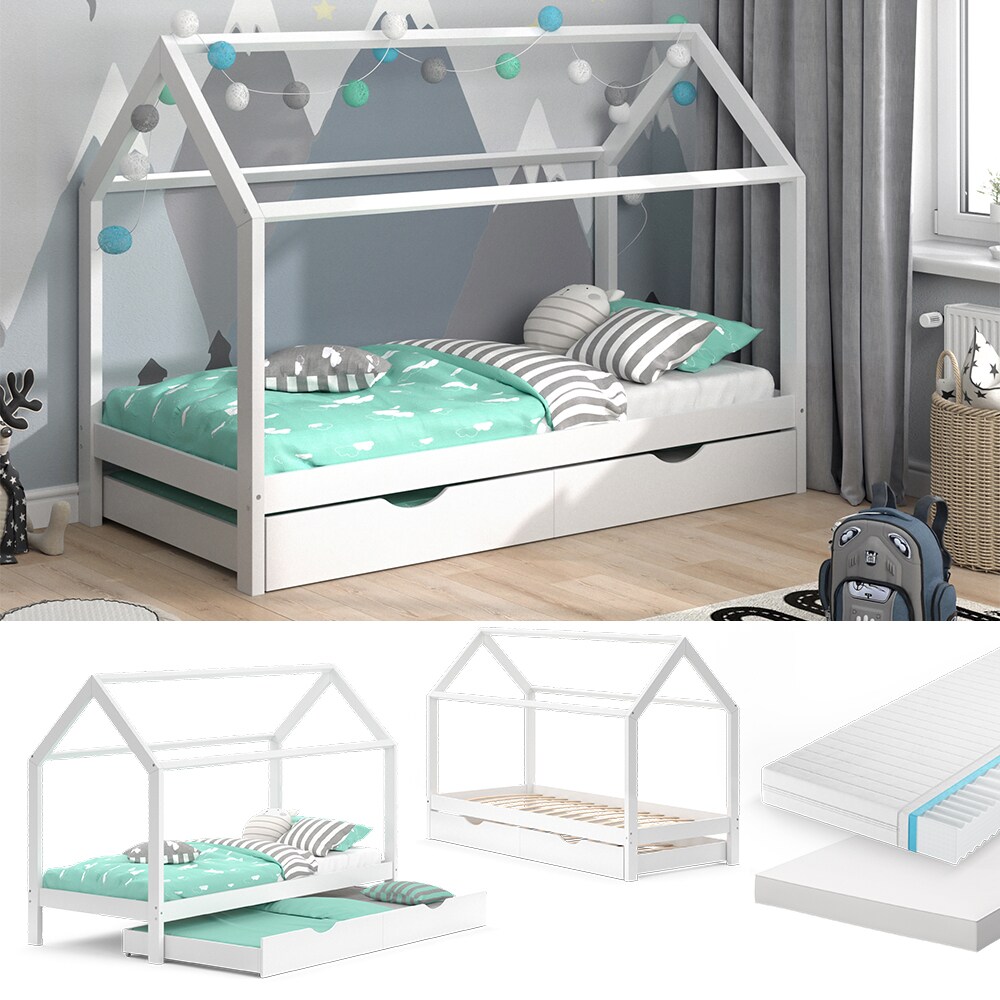 VitaliSpa Kinderbett Hausbett Gästebett Wiki Weiß 90x200cm Schublade Matratzen | 04066731043811