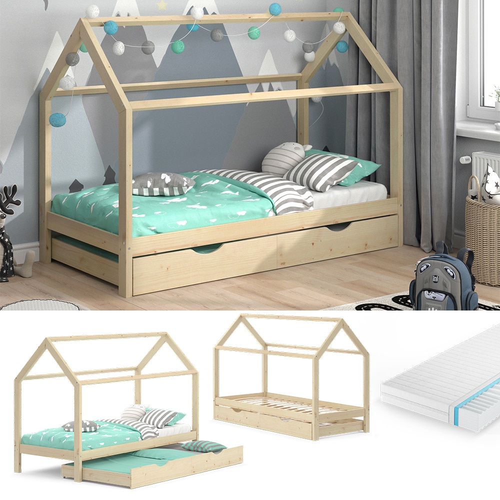 VitaliSpa Kinderbett Hausbett G&auml;stebett Wiki Natur 90x200cm Schublade Matratze - Bild 1