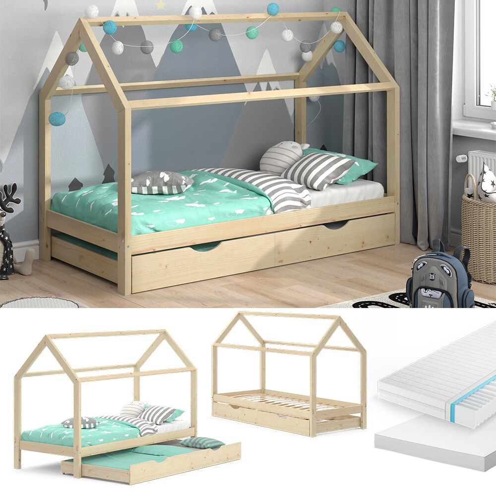 VitaliSpa Kinderbett Hausbett G&auml;stebett Wiki Natur 90x200cm Schublade Matratzen - Bild 1