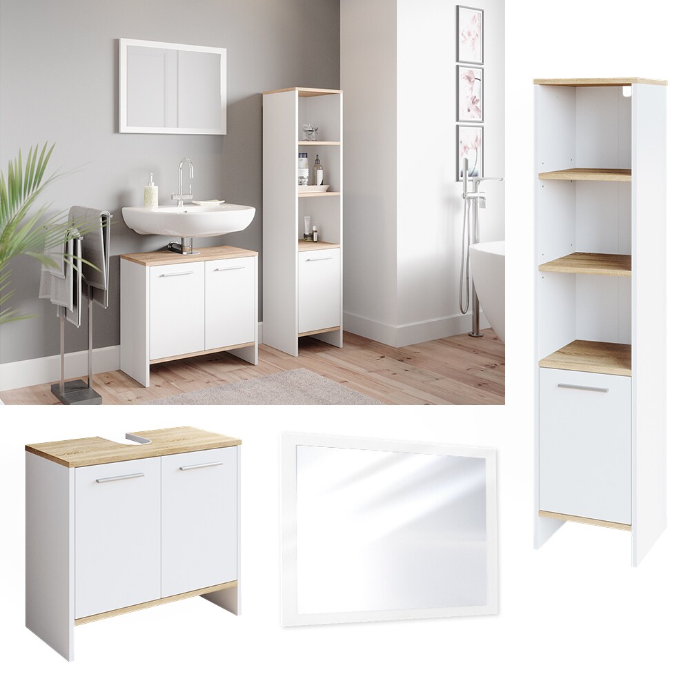 Vicco Badm&ouml;belset Waschtischunterschrank Badspiegel Hochschrank Elvio Wei&szlig; Sonoma Badm&ouml;bel - Bild 1
