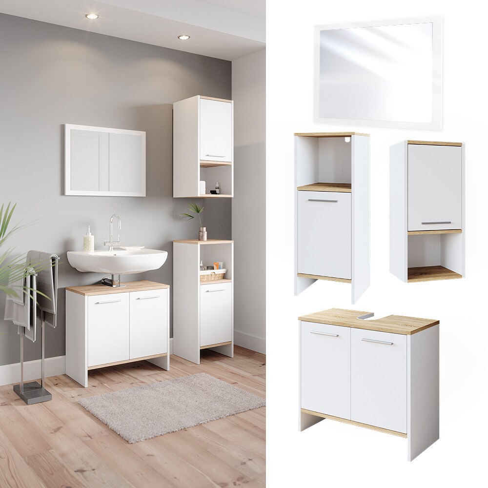 Vicco Badm&ouml;belset Waschtischunterschrank Badspiegel Midischrank H&auml;ngeschrank Elvio Wei&szlig; Sonoma - Bild 1