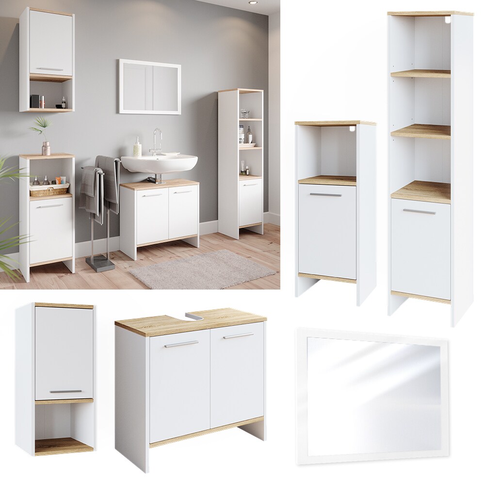 Vicco Badm&ouml;belset Waschtischunterschrank Badspiegel Midischrank Hochschrank H&auml;ngeschrank Elvio Wei&szlig; Sonoma - Bild 1