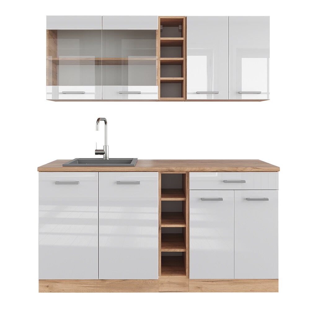 Vicco Küchenzeile Küchenblock Einbauküche R-Line Single Eiche Weiß Hochglanz 160 cm