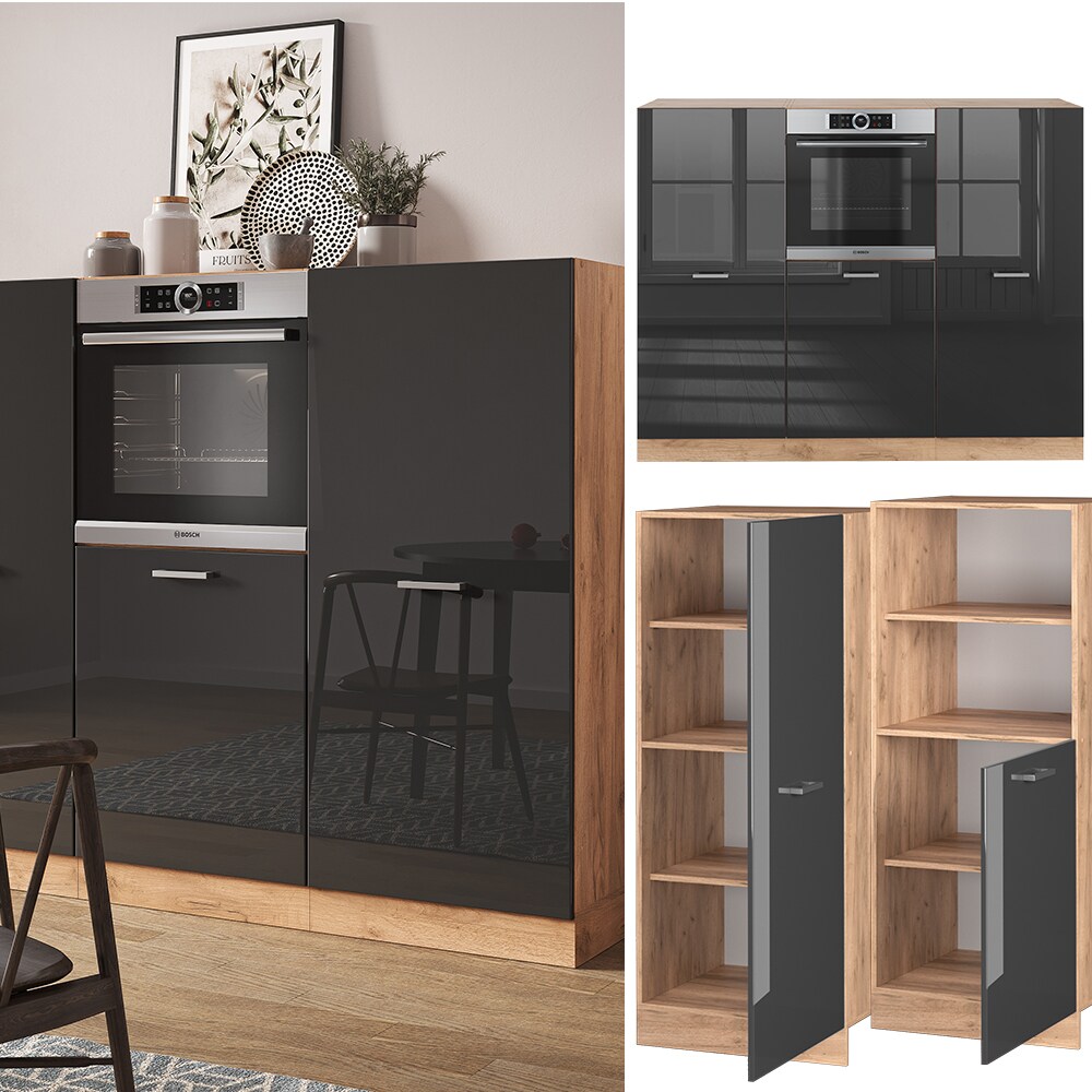 Vicco K&uuml;chenzeile K&uuml;chenblock Einbauk&uuml;che R-Line Eiche Anthrazit Hochglanz Backofen - Bild 1