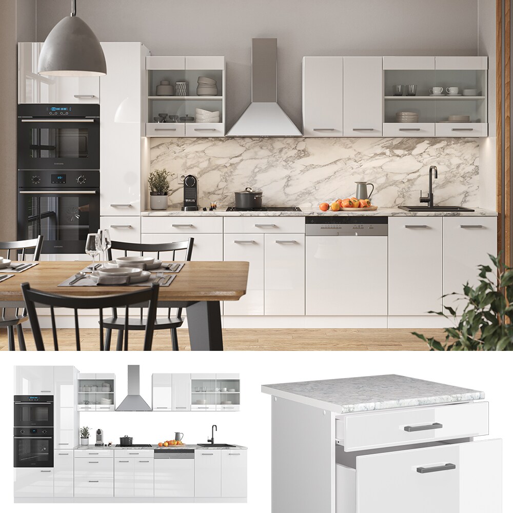 Vicco Küchenzeile Küchenblock Einbauküche R-Line 350 cm Weiß Arbeitsplatte Hochglanz