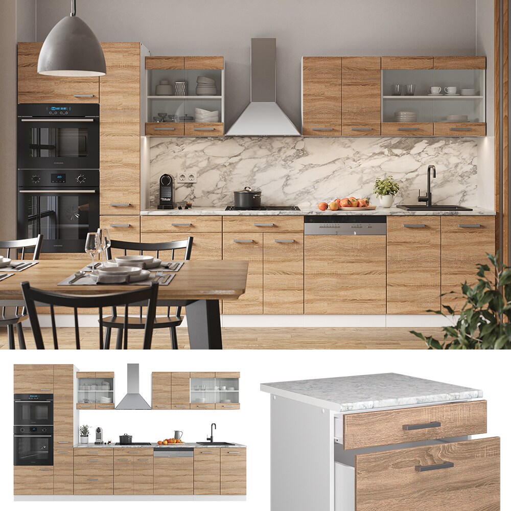 Vicco Küchenzeile Küchenblock Einbauküche R-Line 350 cm Weiß Sonoma Arbeitsplatte