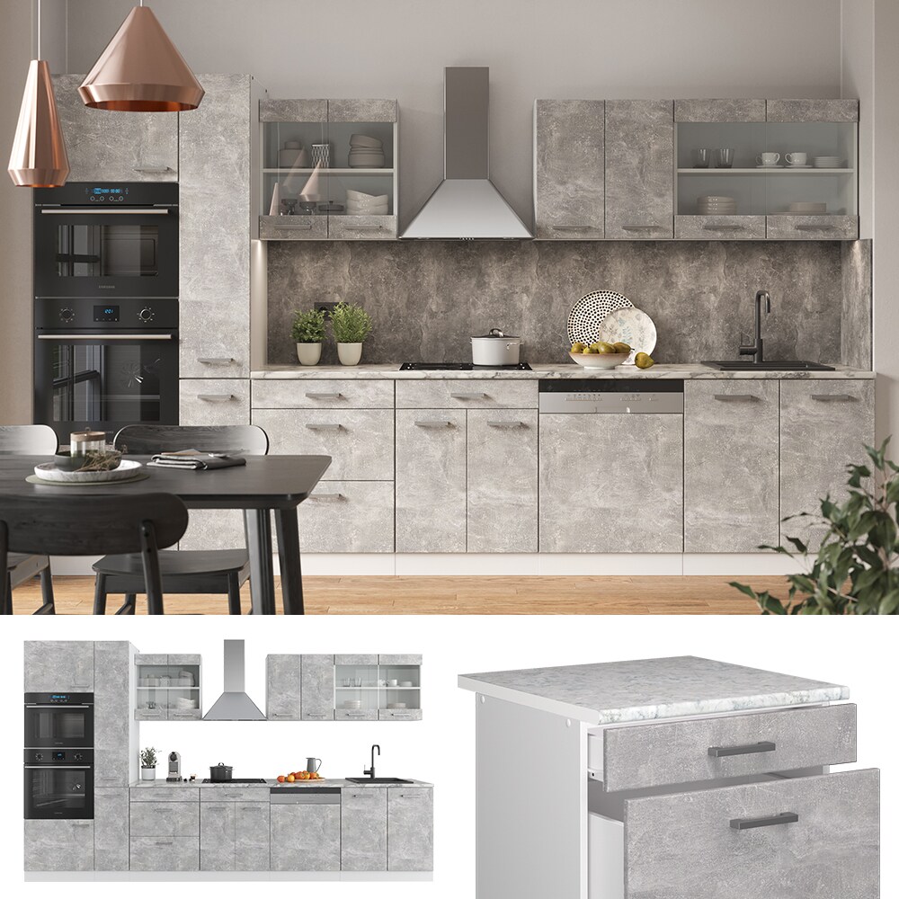 Vicco Küchenzeile Küchenblock Einbauküche R-Line 350 cm Weiß Beton Arbeitsplatte