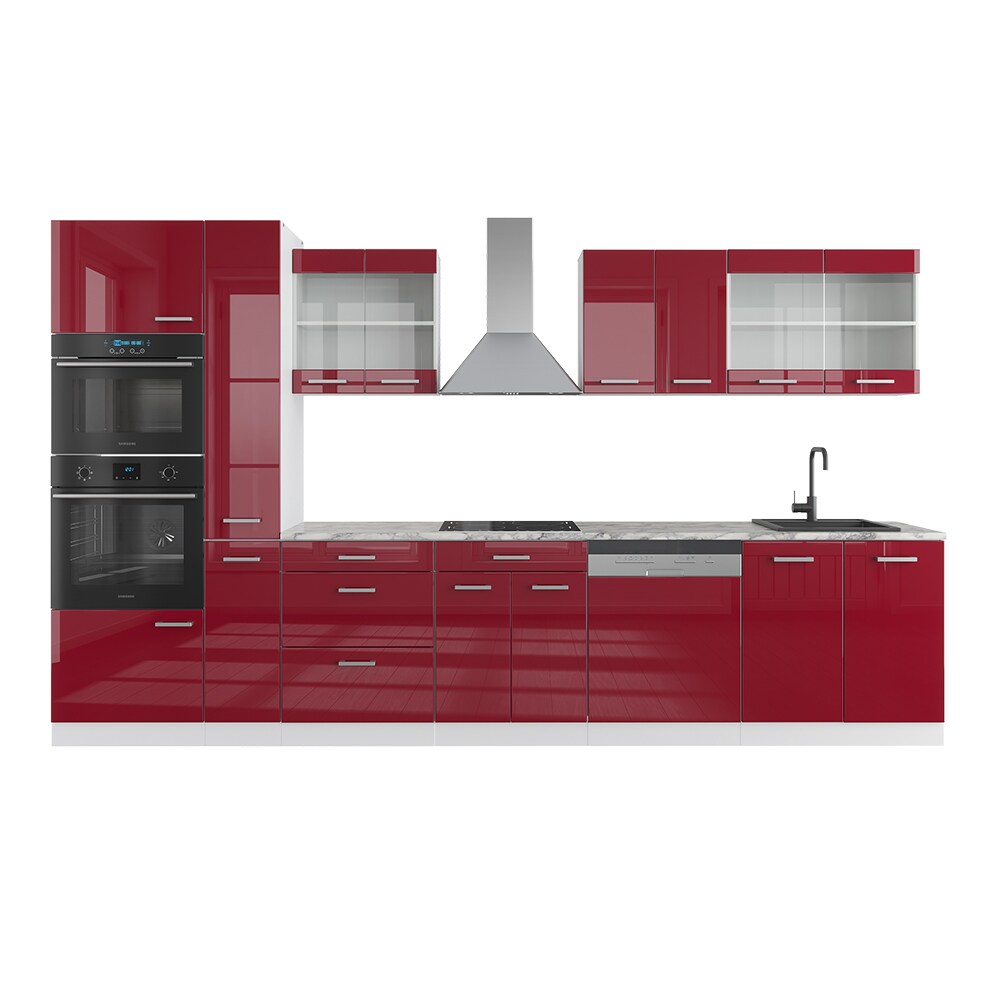 Vicco Küchenzeile Küchenblock Einbauküche R-Line 350 cm Weiß Bordeaux Arbeitsplatte Hochglanz