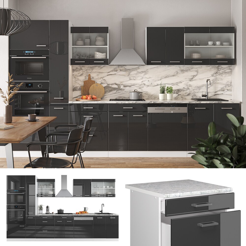 Vicco Küchenzeile Küchenblock Einbauküche R-Line 350 cm Weiß Anthrazit Hochglanz