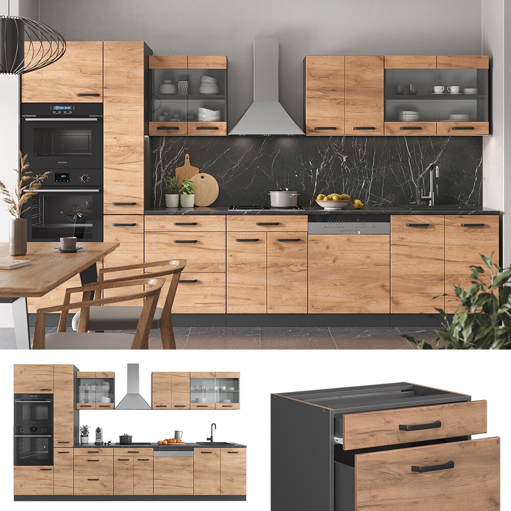 Vicco Küchenzeile Küchenblock Einbauküche R-Line 350 cm Anthrazit Eiche Küche