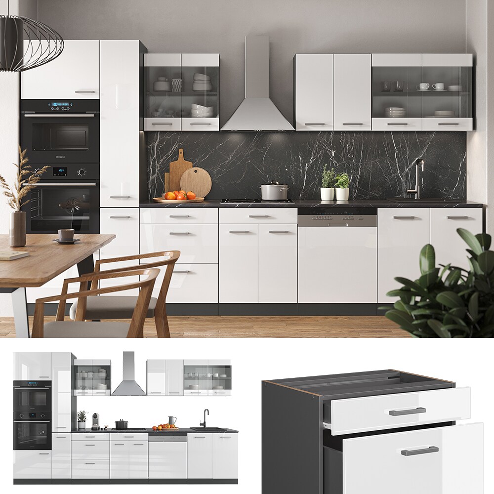 Vicco K&uuml;chenzeile K&uuml;chenblock Einbauk&uuml;che R-Line 350 cm Anthrazit Wei&szlig; Hochglanz K&uuml;che - Bild 1