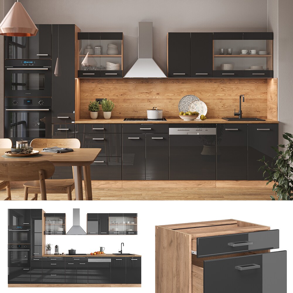 Vicco K&uuml;chenzeile K&uuml;chenblock Einbauk&uuml;che R-Line 350 cm Eiche Anthrazit Hochglanz K&uuml;che - Bild 1