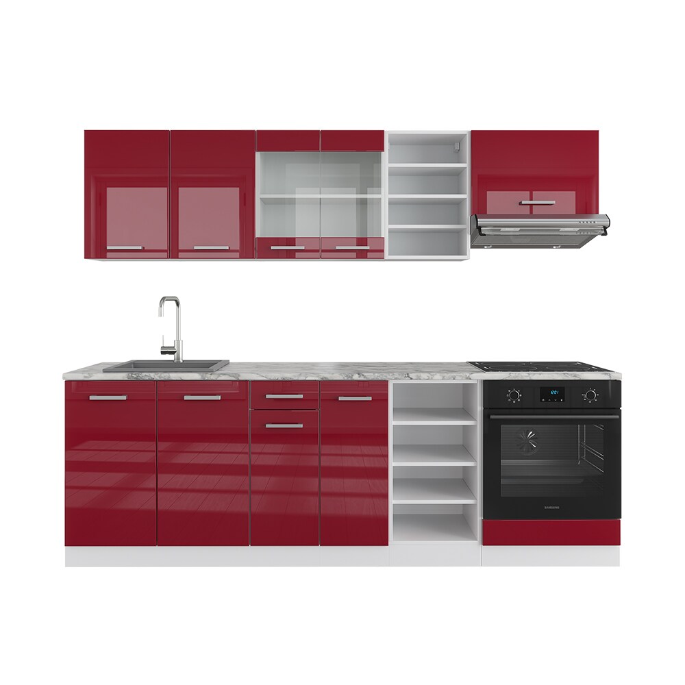 Vicco Küchenzeile Küchenblock Einbauküche R-Line 240 cm Weiß Bordeaux Arbeitsplatte Hochglanz
