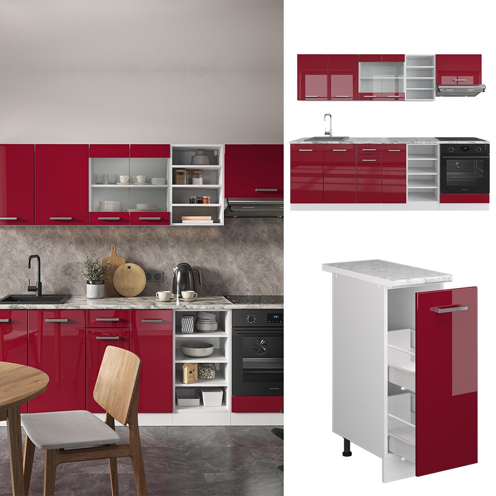 Vicco Küchenzeile Küchenblock Einbauküche R-Line 240 cm Weiß Bordeaux Hochglanz