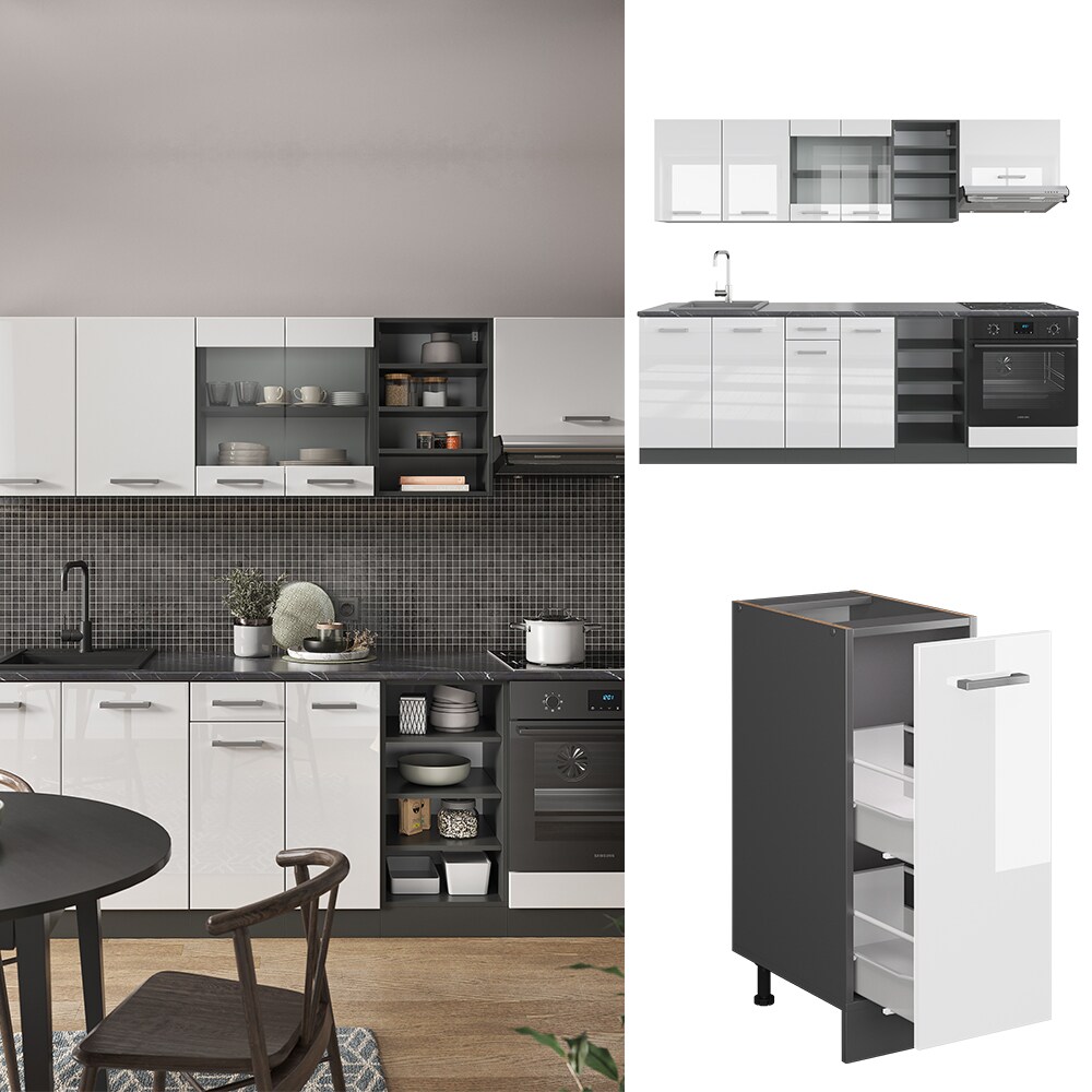 Vicco Küchenzeile Küchenblock Einbauküche R-Line 240 cm Anthrazit Weiß Hochglanz Küche