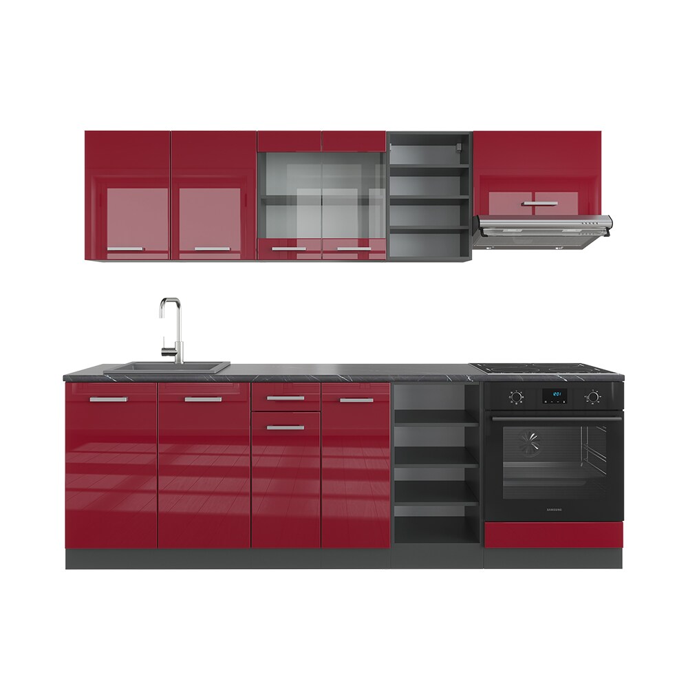 Vicco Küchenzeile Küchenblock Einbauküche R-Line 240 cm Anthrazit Bordeaux Hochglanz Küche