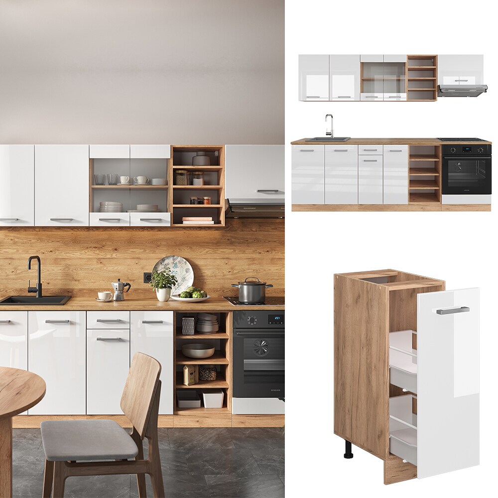 Vicco Küchenzeile Küchenblock Einbauküche R-Line 240 cm Eiche Weiß Hochglanz