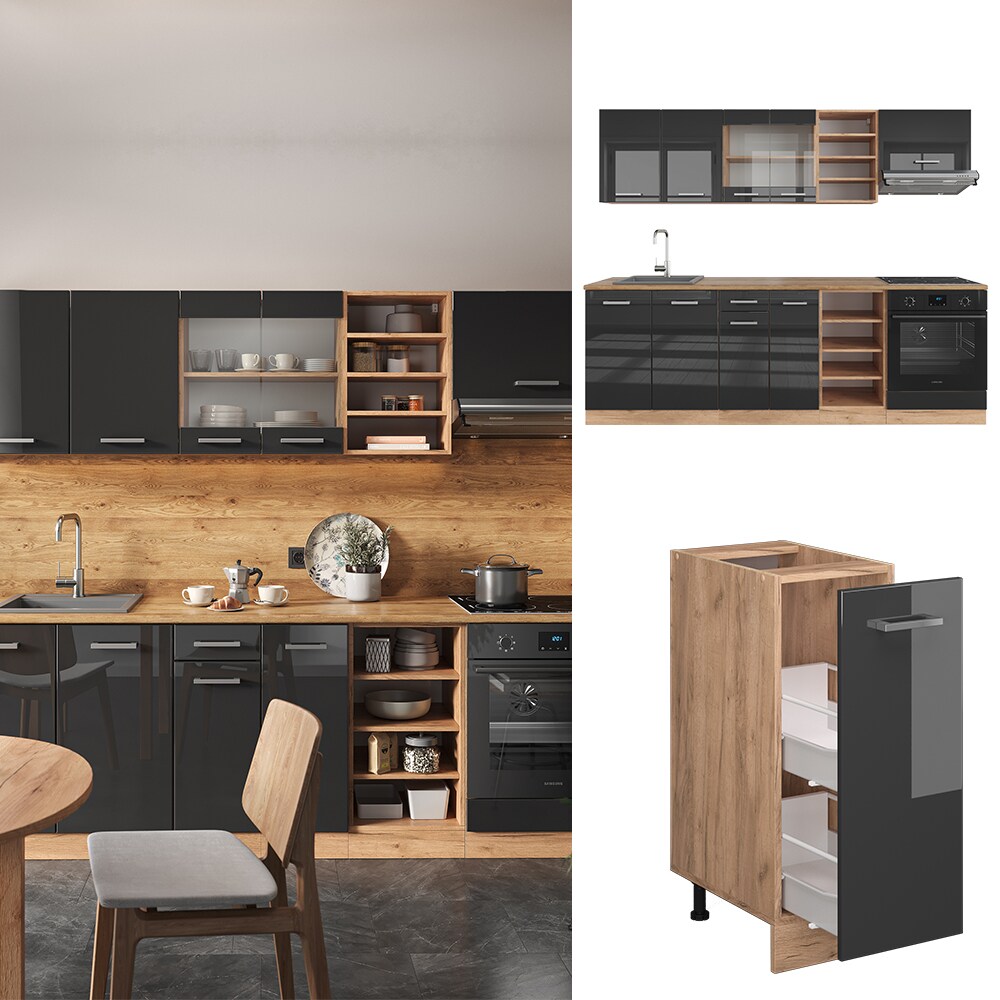 Vicco K&uuml;chenzeile K&uuml;chenblock Einbauk&uuml;che R-Line 240 cm Eiche Anthrazit Hochglanz - Bild 1