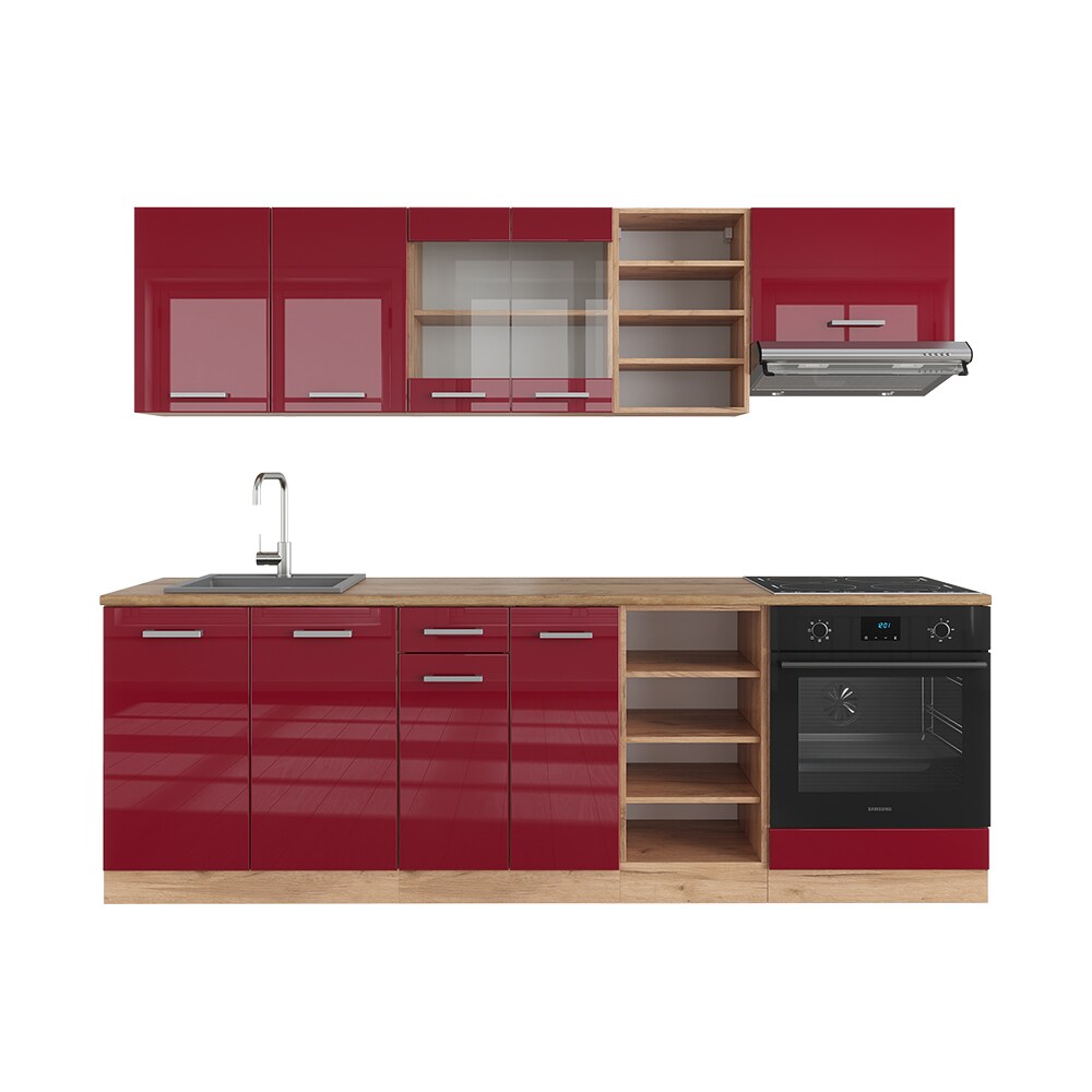 Vicco Küchenzeile Küchenblock Einbauküche R-Line 240 cm Eiche Bordeaux Hochglanz