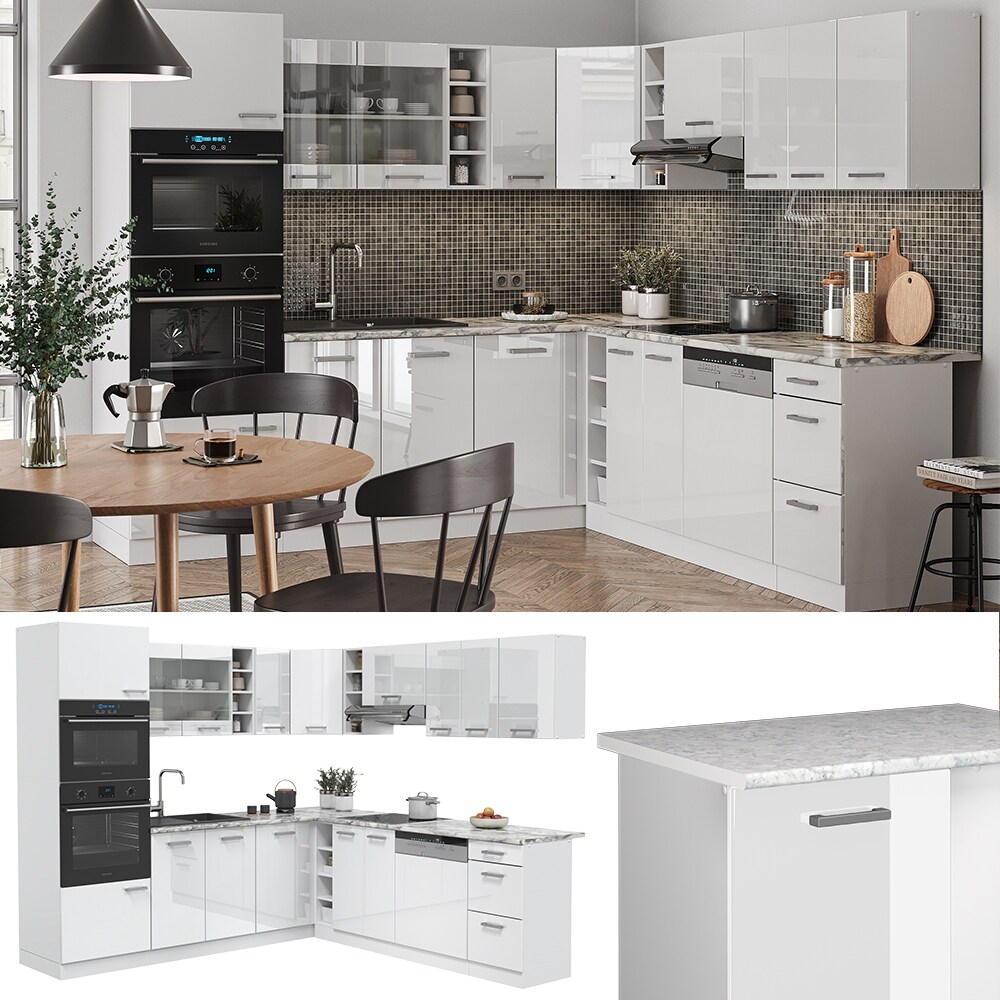 Vicco K&uuml;chenzeile Eckk&uuml;che Einbauk&uuml;che R-Line Ecke Wei&szlig; Arbeitsplatte Hochglanz - Bild 1