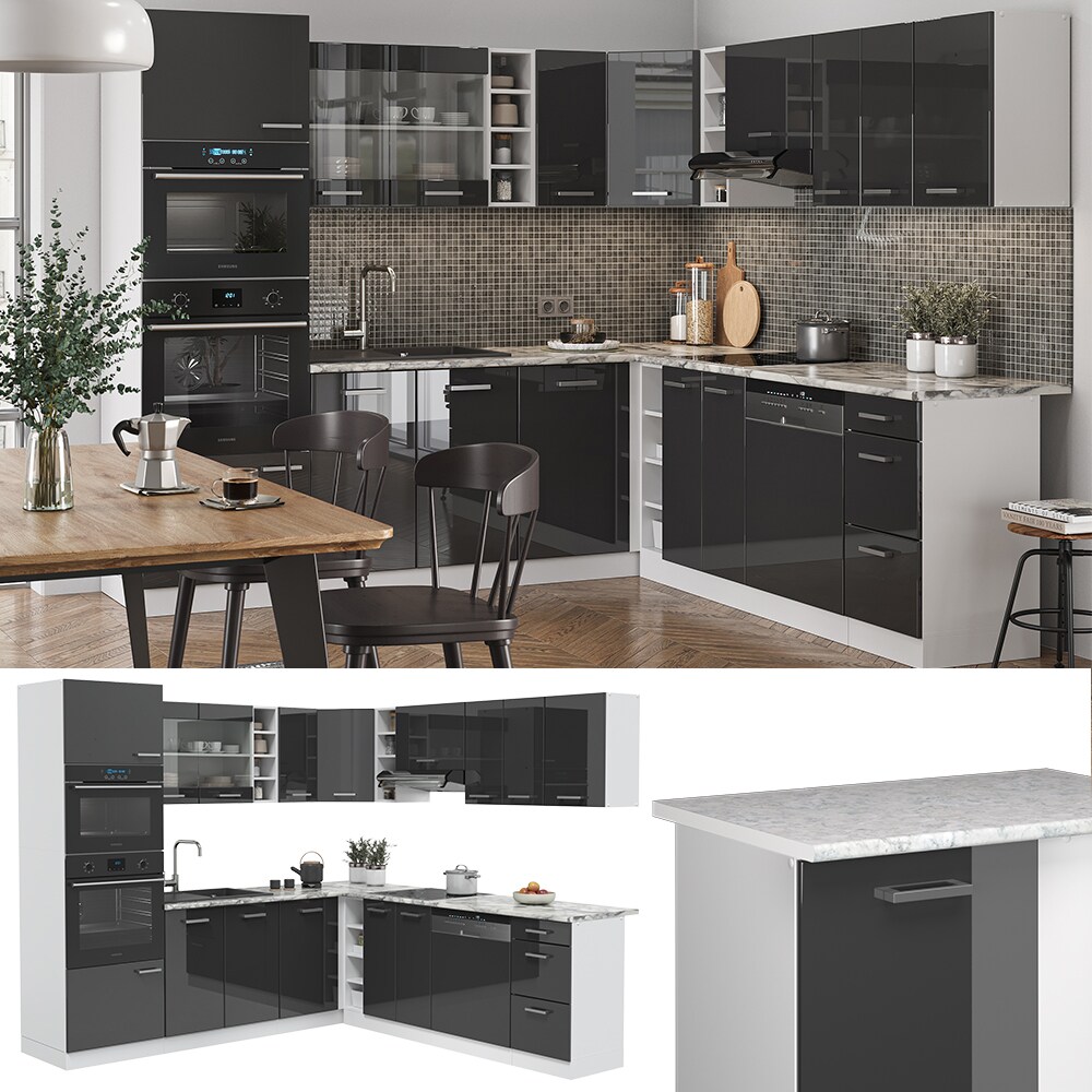 Vicco K&uuml;chenzeile Eckk&uuml;che Einbauk&uuml;che R-Line Ecke Wei&szlig; Anthrazit Hochglanz - Bild 1