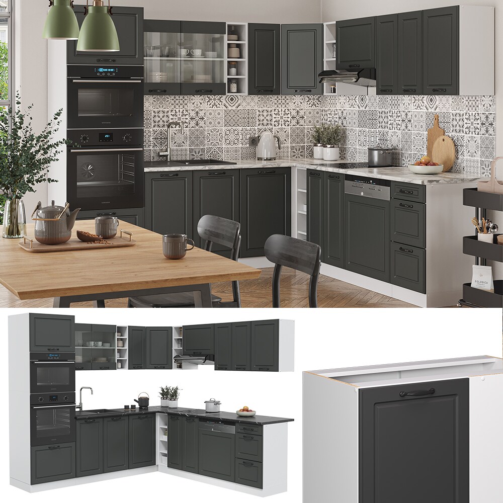 Vicco K&uuml;chenzeile Eckk&uuml;che Einbauk&uuml;che R-Line Ecke Landhaus Wei&szlig; Anthrazit K&uuml;chenblock - Bild 1