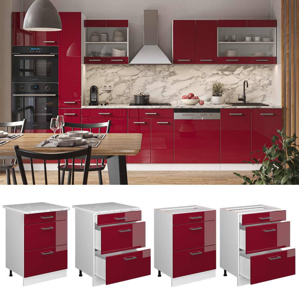Vicco Schubladenunterschrank K&uuml;chenschrank K&uuml;chenzeile R-Line 60 cm Wei&szlig; Bordeaux Schublade - Bild 1