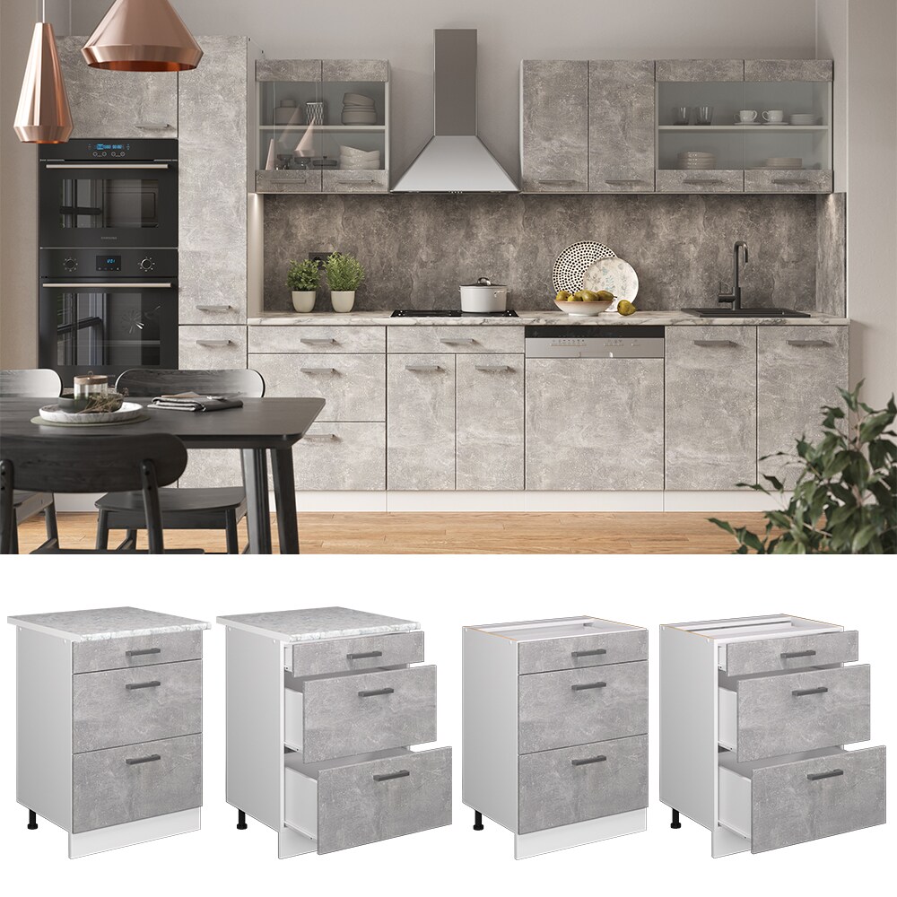 Vicco Schubladenunterschrank K&uuml;chenschrank K&uuml;chenzeile R-Line 60 cm Wei&szlig; Beton Schublade Arbeitsplatte - Bild 1