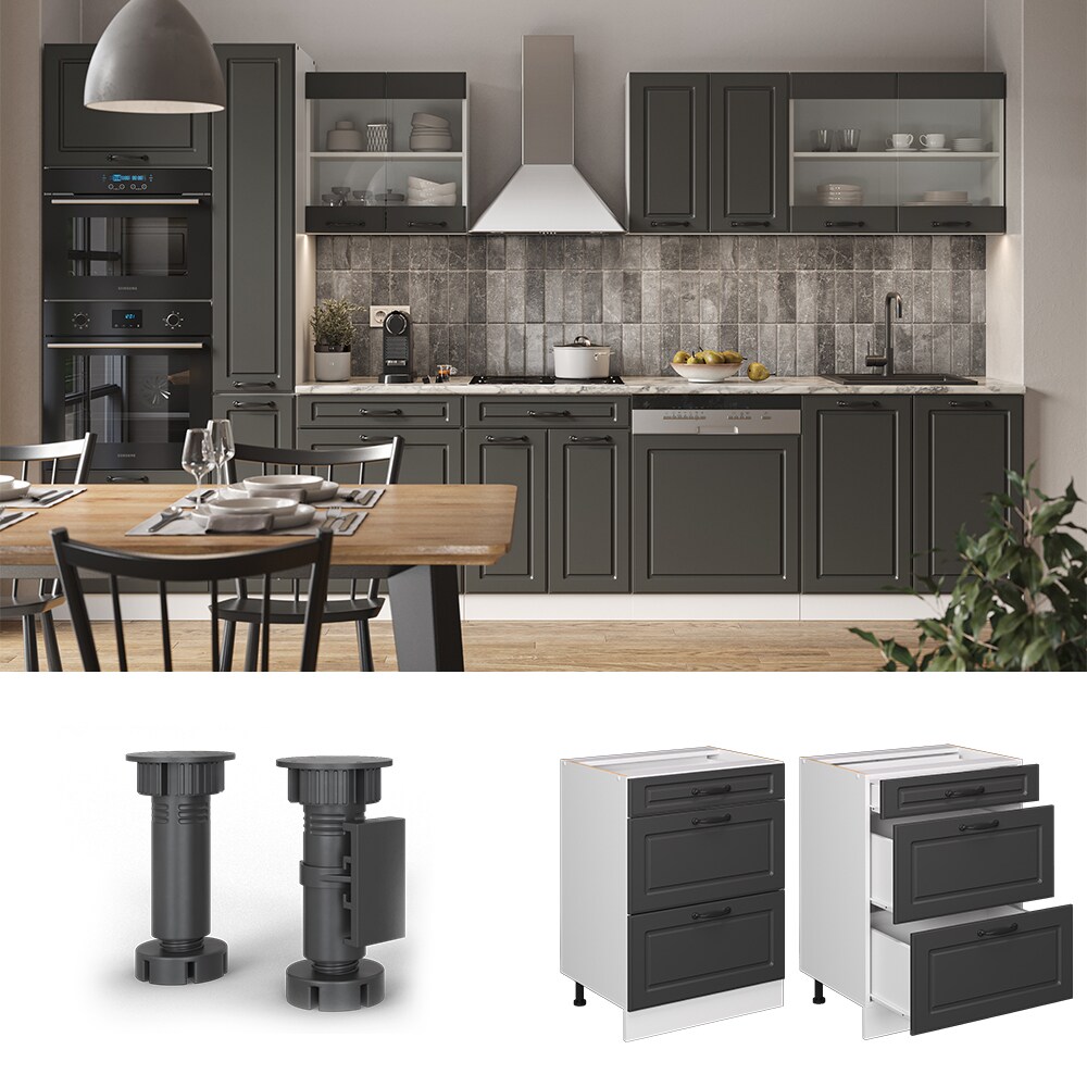 Vicco Schubladenunterschrank K&uuml;chenschrank K&uuml;chenzeile R-Line Landhaus 60 cm Wei&szlig; Anthrazit Schublade - Bild 1