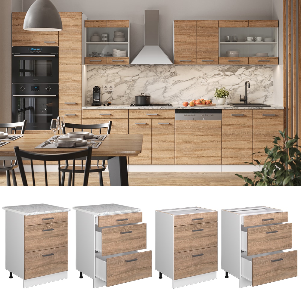 Vicco Schubladenunterschrank K&uuml;chenschrank K&uuml;chenzeile R-Line 60 cm Wei&szlig; Sonoma Schublade - Bild 1