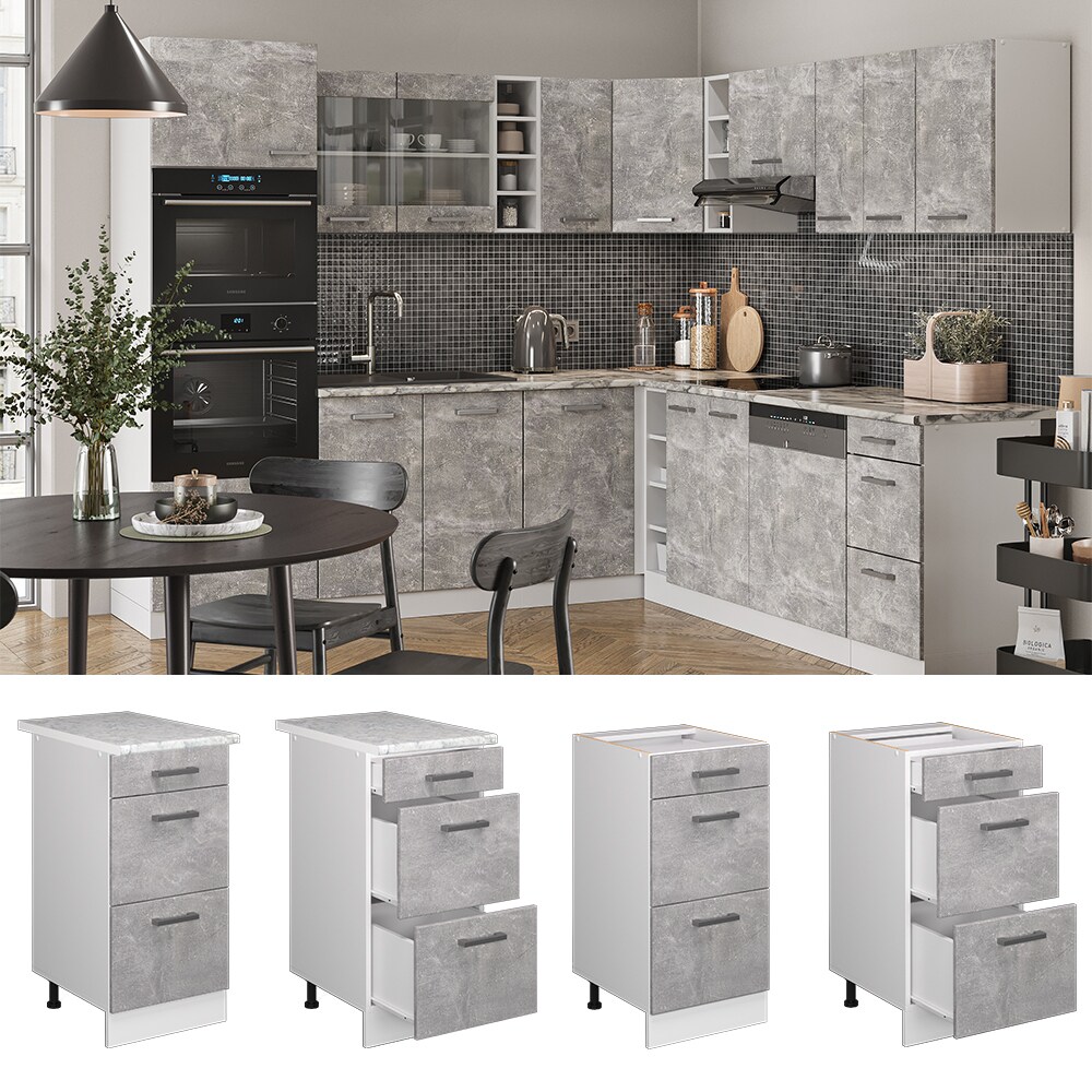 Vicco Schubladenunterschrank K&uuml;chenschrank K&uuml;chenzeile R-Line 40 cm Wei&szlig; Beton Schublade - Bild 1