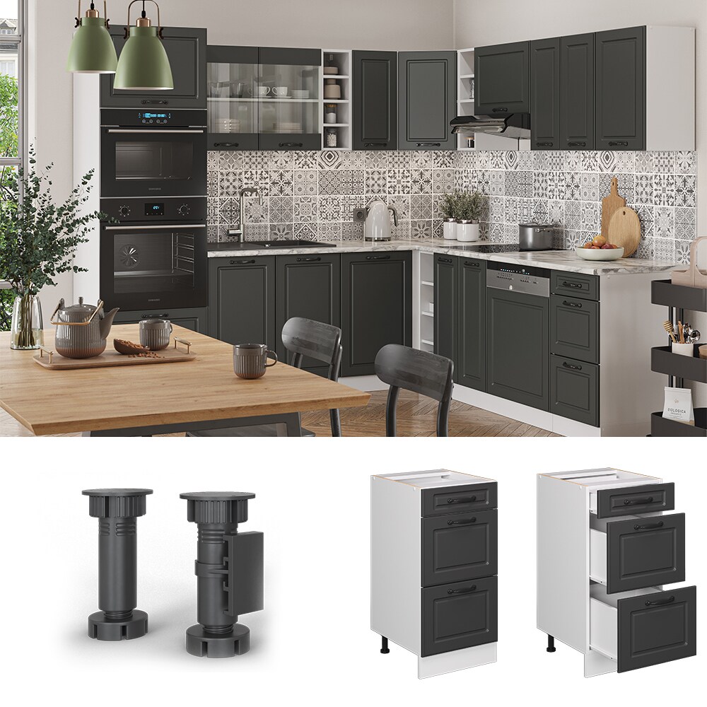 Vicco Schubladenunterschrank K&uuml;chenschrank K&uuml;chenzeile R-Line Landhaus 40 cm Wei&szlig; Anthrazit Schublade - Bild 1