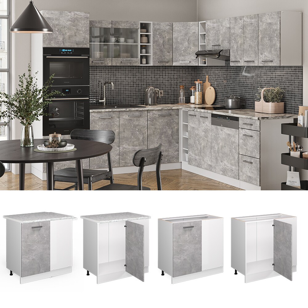 Vicco Eckunterschrank Küchenschrank Küchenzeile R-Line 86 cm Weiß Beton Tür