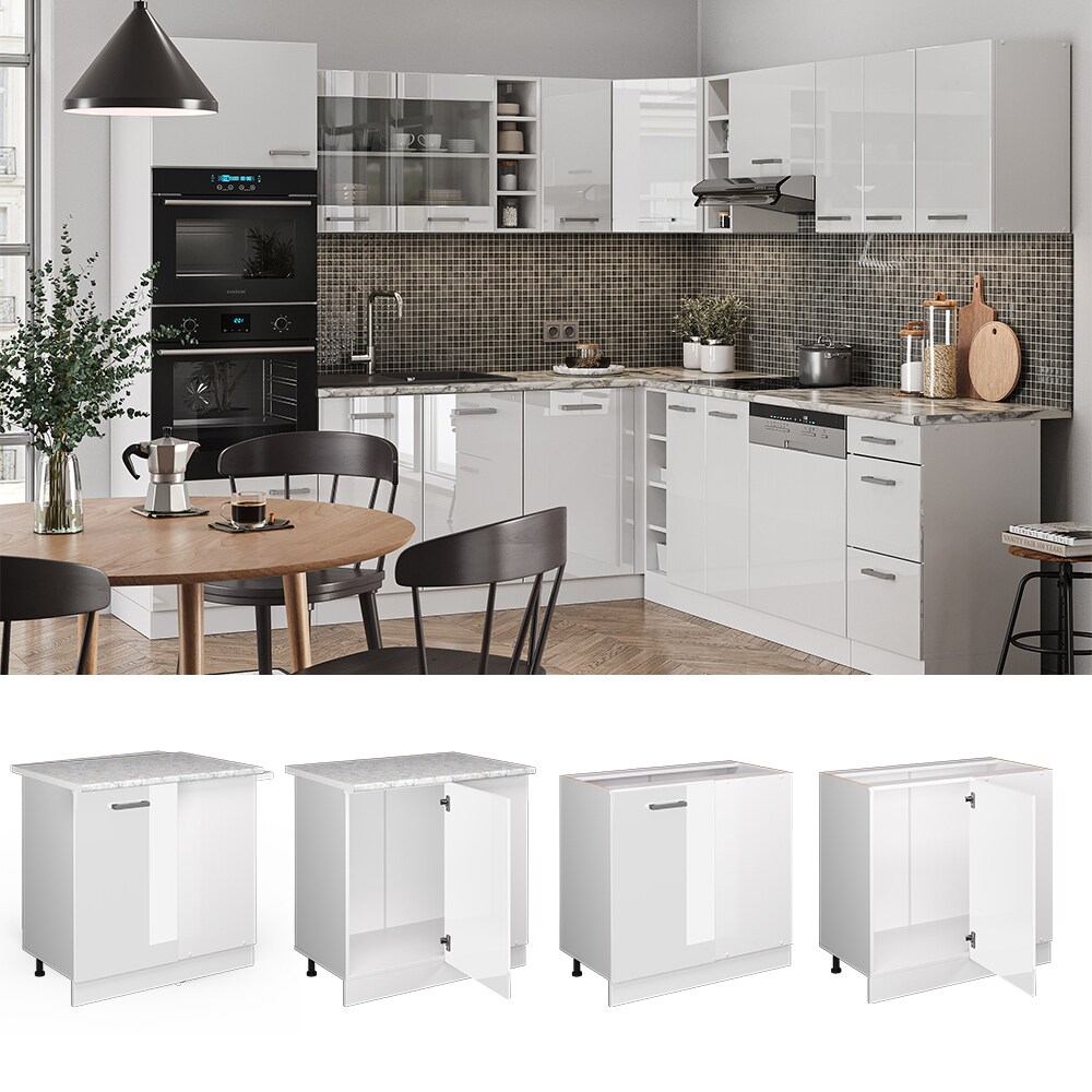 Vicco Eckunterschrank K&uuml;chenschrank K&uuml;chenzeile R-Line 86 cm Wei&szlig; T&uuml;r Hochglanz Arbeitsplatte - Bild 1