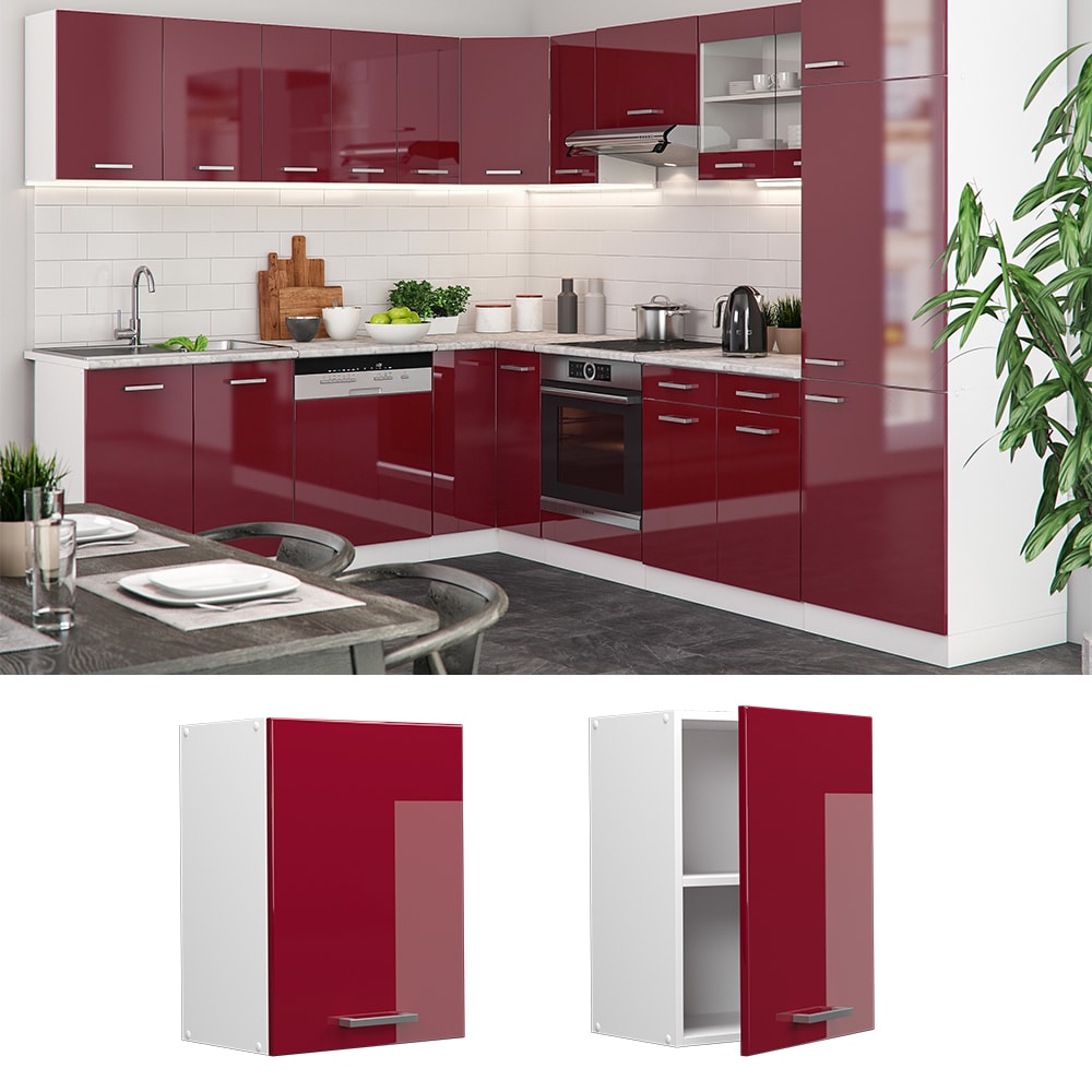 Vicco H&auml;ngeschrank K&uuml;chenschrank K&uuml;chenzeile R-Line 45 cm Wei&szlig; Bordeaux T&uuml;r F&auml;cher Hochglanz - Bild 1