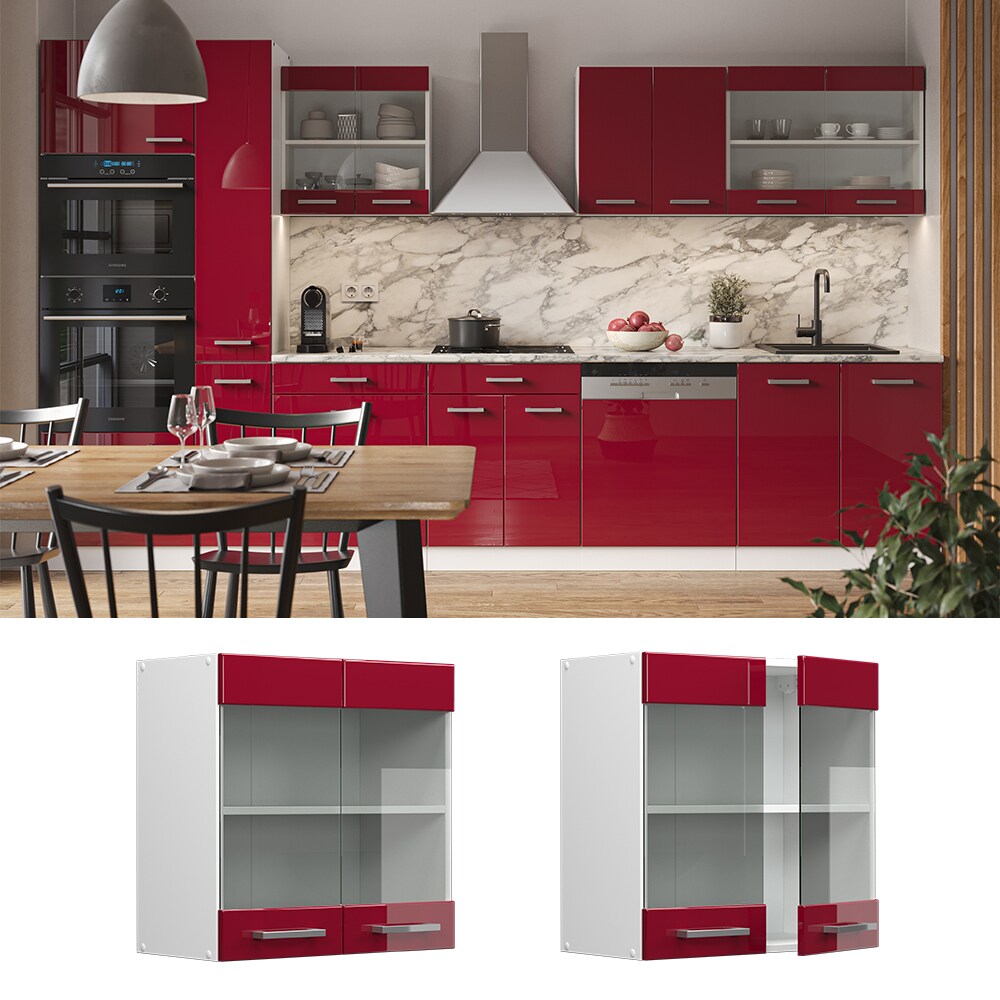 Vicco H&auml;ngeglasschrank K&uuml;chenschrank K&uuml;chenzeile R-Line 60 cm Wei&szlig; Bordeaux T&uuml;r F&auml;cher Hochglanz - Bild 1