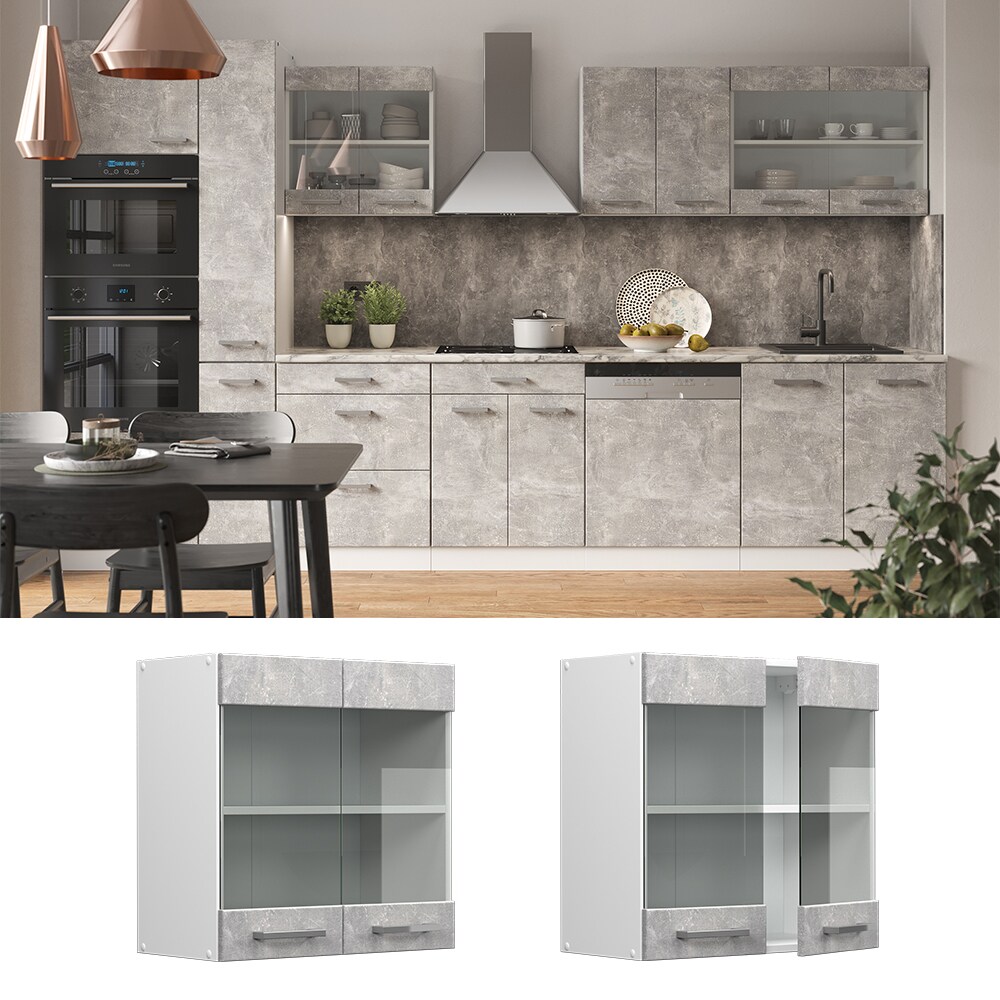 Vicco H&auml;ngeglasschrank K&uuml;chenschrank K&uuml;chenzeile R-Line 60 cm Wei&szlig; Beton T&uuml;r F&auml;cher - Bild 1