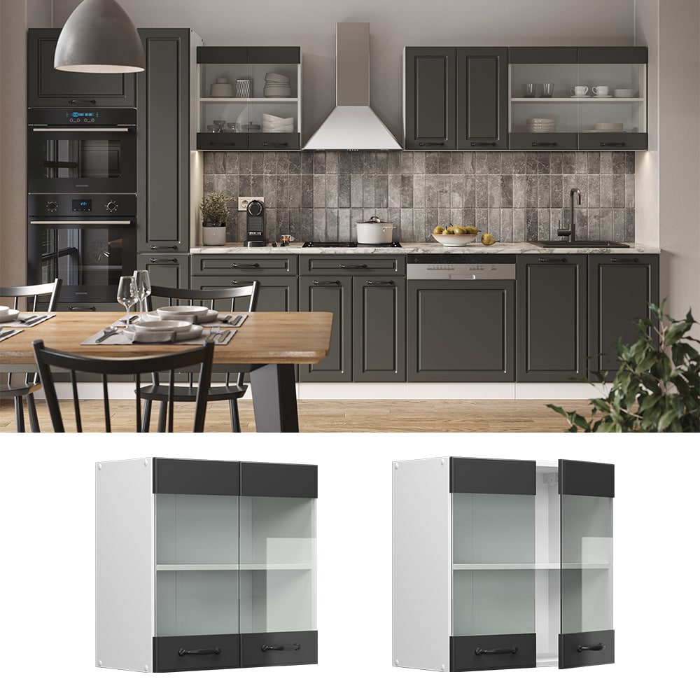 Vicco H&auml;ngeglasschrank K&uuml;chenschrank K&uuml;chenzeile R-Line Landhaus 60 cm Wei&szlig; Anthrazit T&uuml;r F&auml;cher - Bild 1