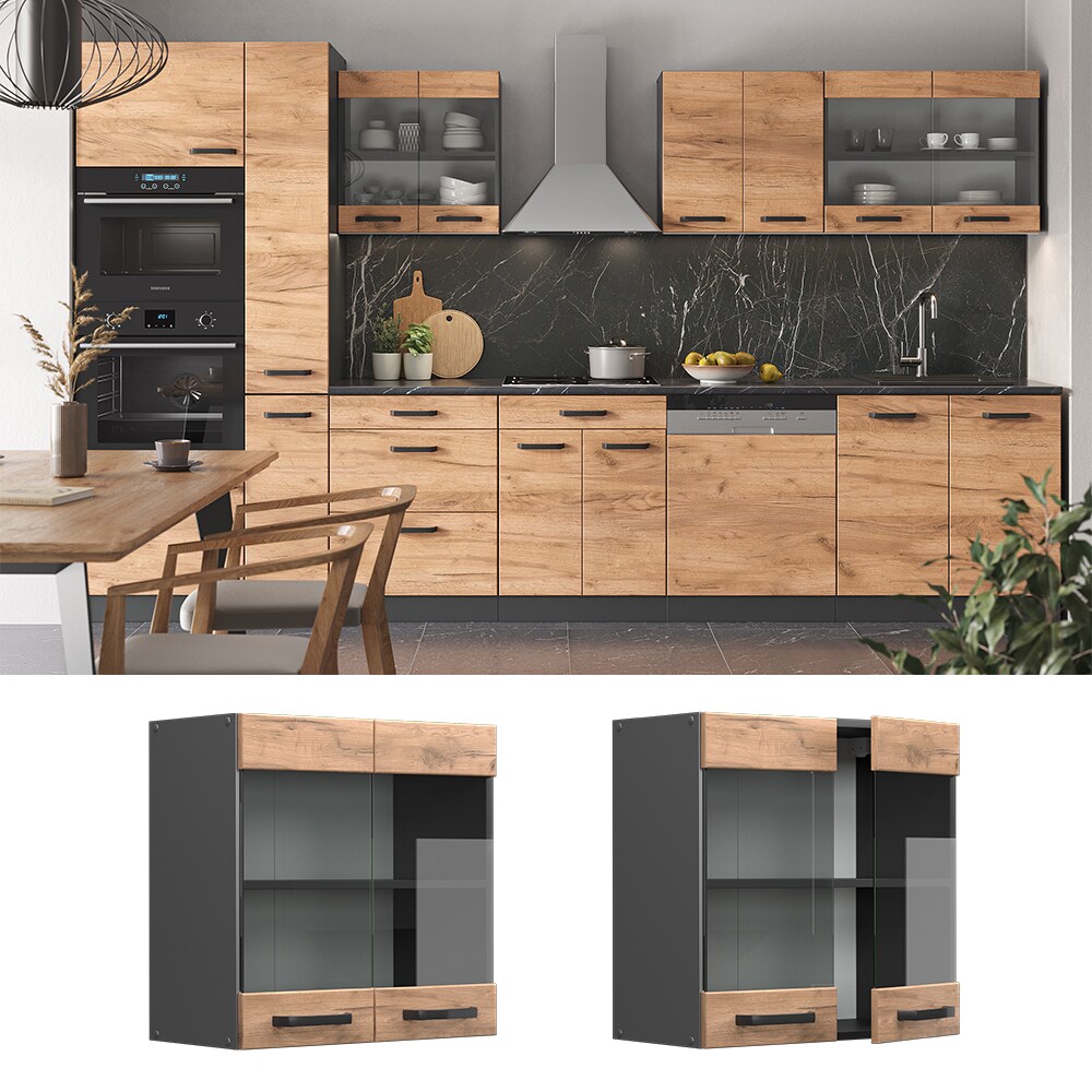 Vicco H&auml;ngeglasschrank K&uuml;chenschrank K&uuml;chenzeile R-Line 60 cm Anthrazit Eiche T&uuml;r F&auml;cher - Bild 1