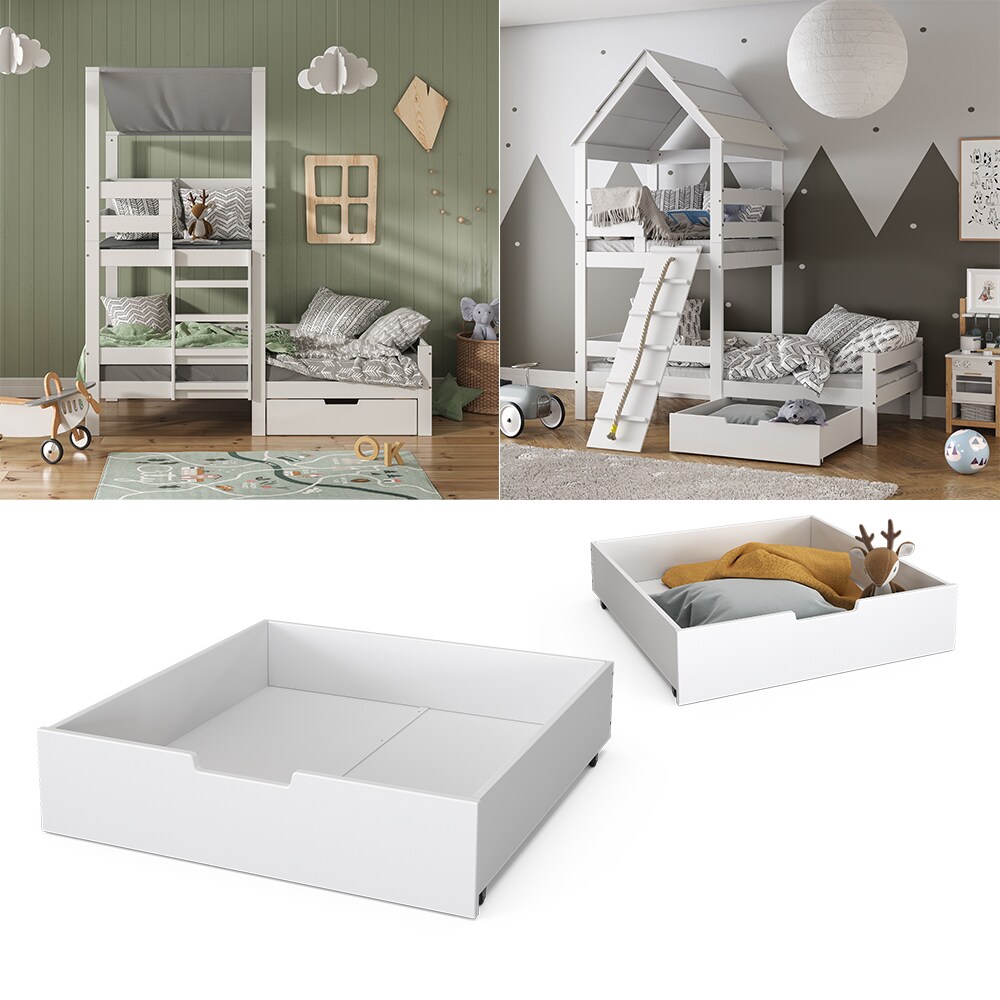 VitaliSpa Bettschublade Schubladenbett Aufbewahrung Teddy Tom weiß 92×21 cm Kinderzimmer Bett Zubehör Spielzeug Ablage Buche Massivholz rollbar Spielturmbett | 04066731052363