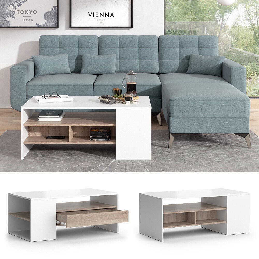Vicco Couchtisch Sofatisch Kaffeetisch Fabien Weiß Sonoma Wohnzimmer Tisch 110×45 cm modern Ablage Fach Schublade Beistelltisch Stubentisch | 04066731052851