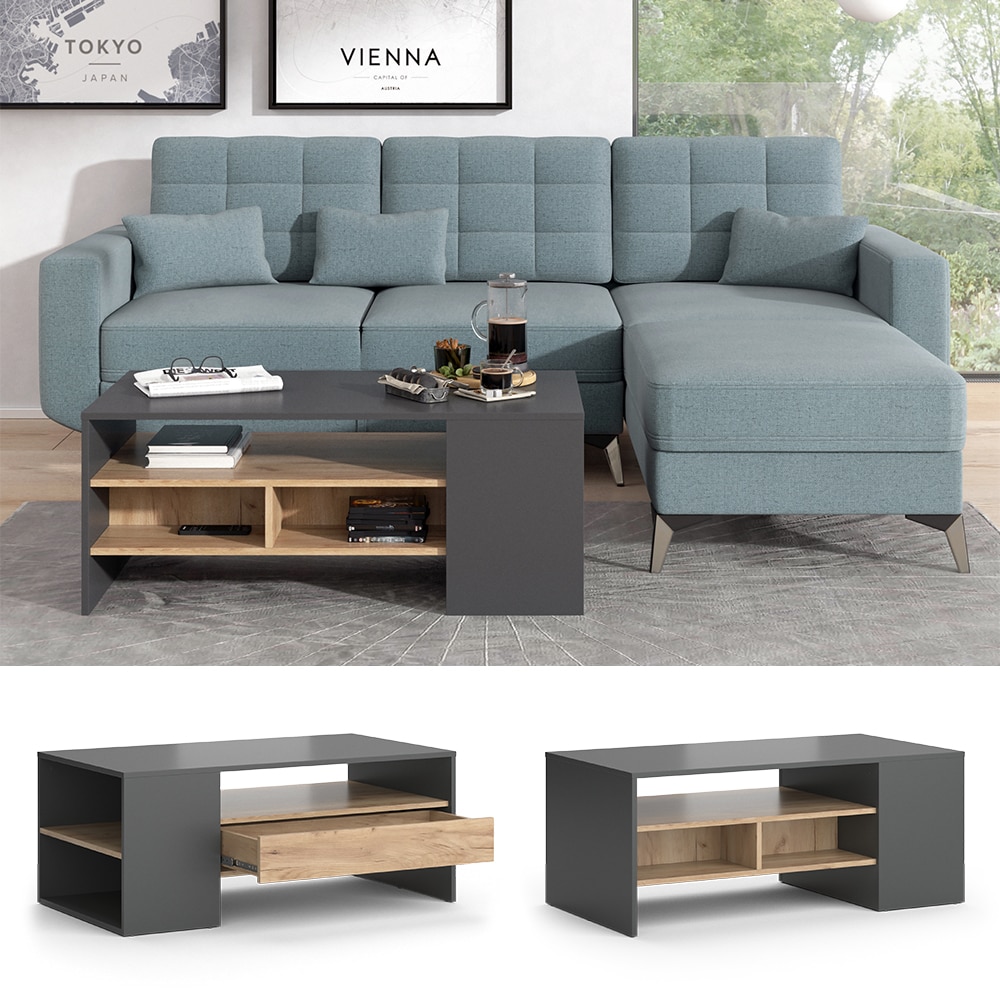 Vicco Couchtisch Sofatisch Kaffeetisch Fabien Eiche Anthrazit Wohnzimmer Tisch 110x45 cm modern Ablage Fach Schublade Beistelltisch Stubentisch - Bild 1
