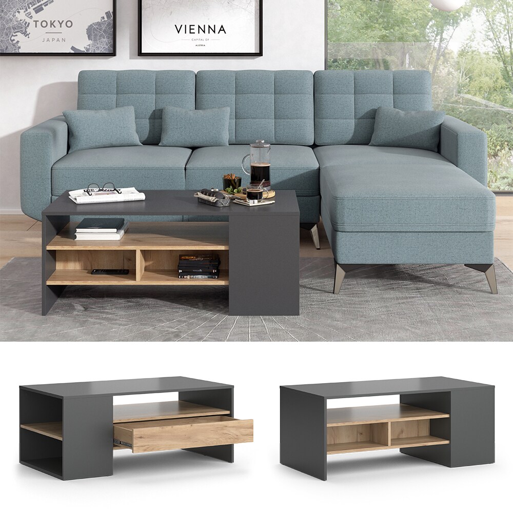 Vicco Couchtisch Sofatisch Kaffeetisch Fabien Eiche Anthrazit Wohnzimmer Tisch 110x45 cm modern Ablage Fach Schublade Beistelltisch Stubentisch