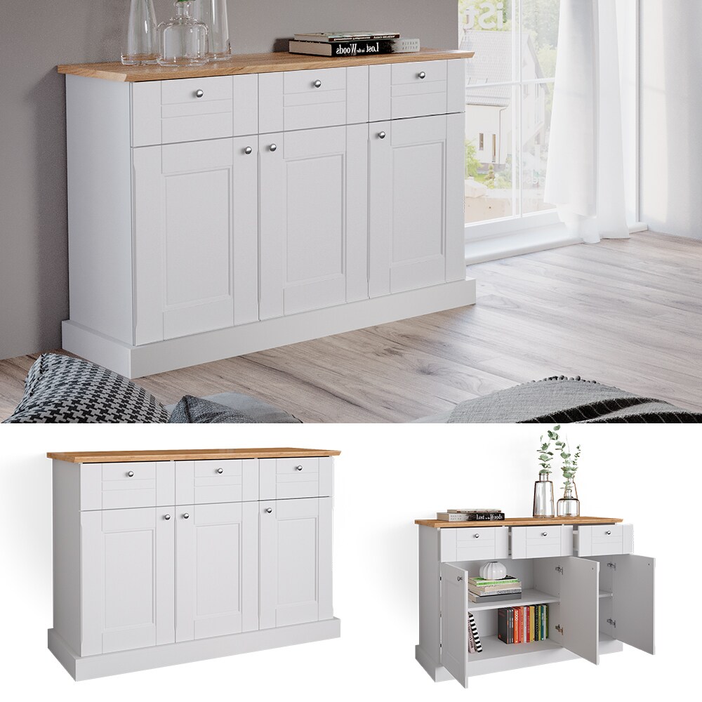 Vicco Sideboard Kommode Mehrzweckschrank Bergamo Wei&szlig; Eiche Wohnzimmer Schrank 121x87 cm Vintage Ablage Schublade Schrankt&uuml;r Anrichte Wohnzimmerm&ouml;bel - Bild 1