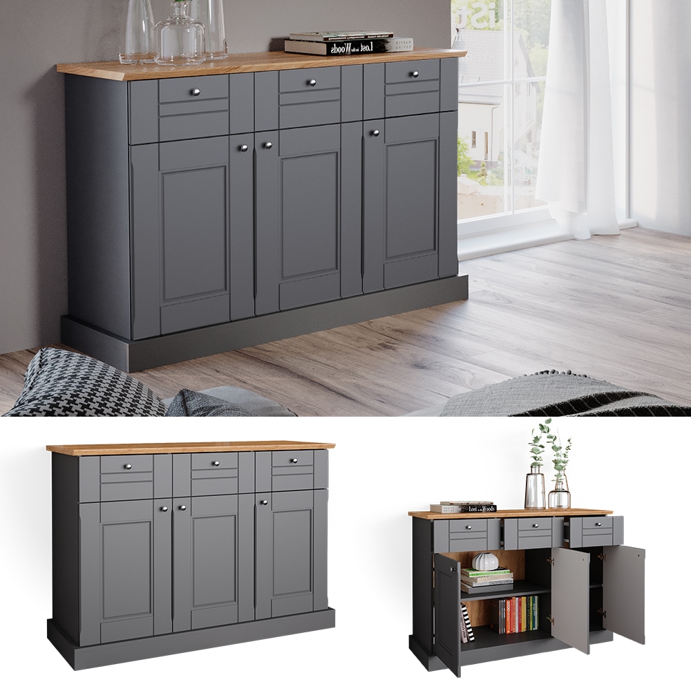 Vicco Sideboard Kommode Mehrzweckschrank Bergamo Grau Eiche Wohnzimmer Schrank 121x87 cm Vintage Ablage Schublade Schrankt&uuml;r Anrichte Wohnzimmerm&ouml;bel - Bild 1